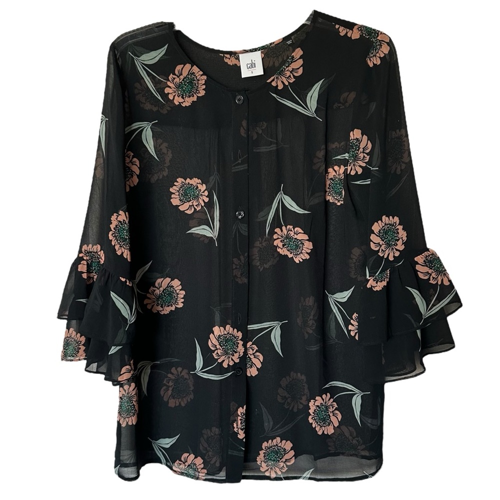 CAbi La Di Da Floral Blouse Style #5206 Powt Flare Sleeve Size Small